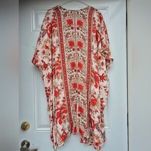 Angie Floral Open-Front Kimono Cover Up in Peach and Red
